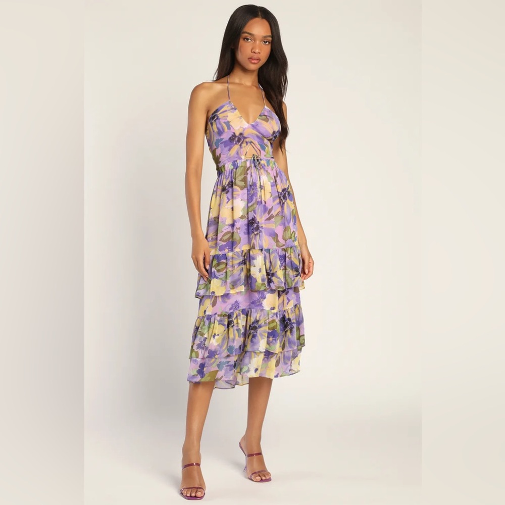 Purple Floral Tiered Cutout Halter Midi Dress